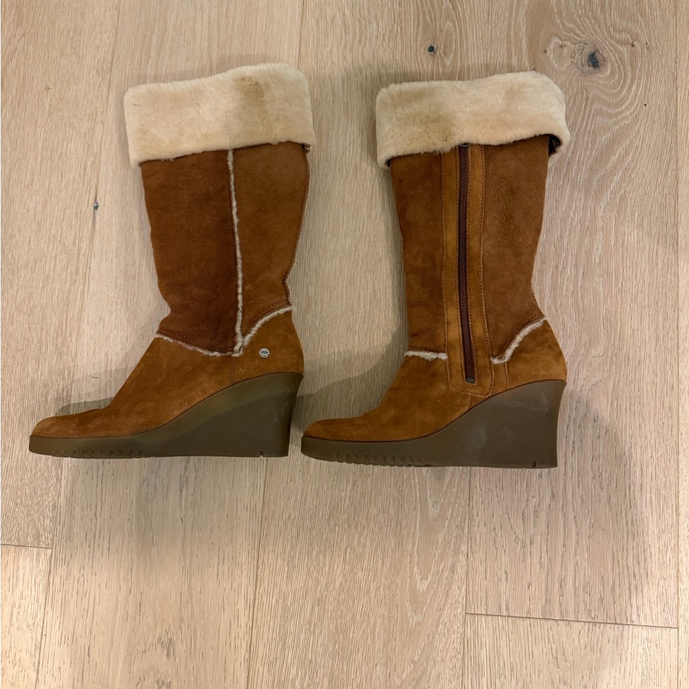Women's Tan Suede Wedge Shearling Boots